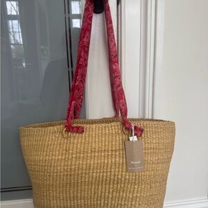Madewell Natural Straw Tote with Red Bandana Straps